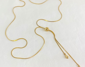Vintage Gold Tone Slide Lariat Necklace Adjustable Dainty Snake Chain Teardrop