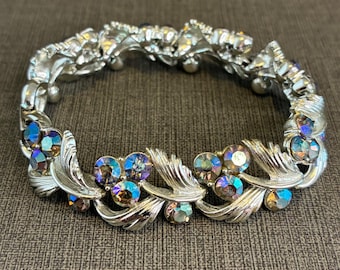 Vintage Rhinestone Bracelet Lisner Aurora Borealis Silver Tone Leaf Design