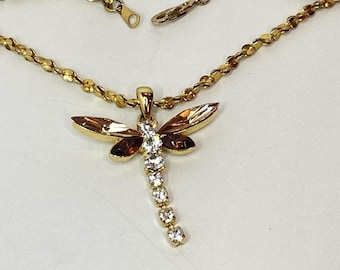 Vintage Brown Clear Crystal Dragonfly Pendant Gold Tone Twisted Tinsel 24" Chain