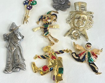 Vintage Clown Brooch Lot 7pc Enamel Rhinestone Goldtone Hobo Jester Balloon
