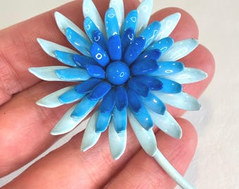 Corocraft Brooch Vintage Blue Enamel Flower Daisy Retro Mod Pop Art Hippie