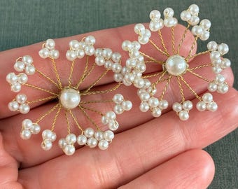 Vintage Gold Tone Earrings Faux Pearl Sunburst Starburst Wire Floral Studs 1.4"
