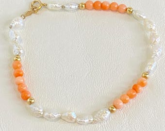 Vintage 14K Yellow Gold Bracelet Keshi Rice Pearl Salmon Coral Bead Strand 6.75"