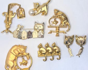 Vintage Cat Brooch Earring Lot Gold Tone Avon RAZZA AJC Feline Jewelry Whimsical