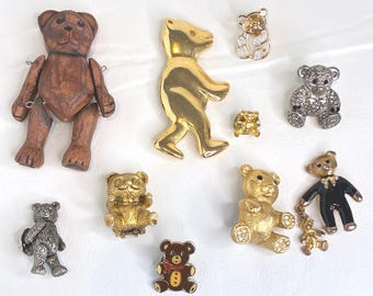 Vintage Teddy Bear Brooch Pin Lot Figural Articulated Gold Tone