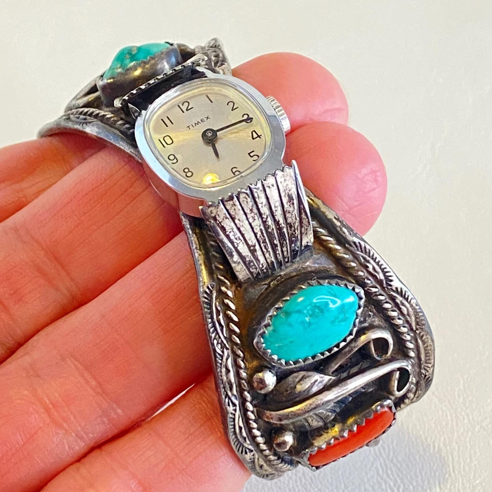 Vintage Timex Sterling Silver Turquoise Coral Cuff Watch Southwestern Womens Outstanding Vintage Southwestern Sterling Silver Turquoise  main image 2