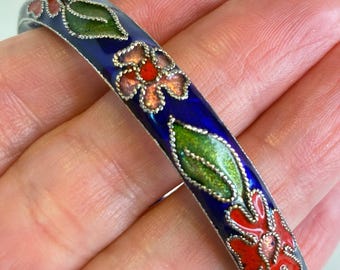 Vintage Raised Cloisonne Bangle Bracelet Cobalt Blue Enamel Floral Hinged 7.5"