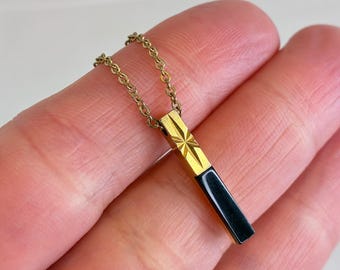 Vintage Gold Tone Necklace Black Bar Starburst Etched Pendant Mid Century Dainty