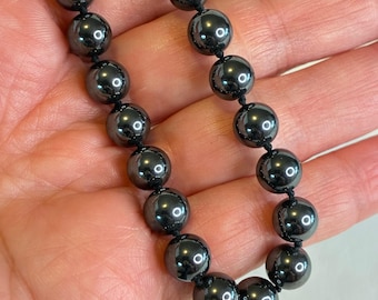 Vintage Hematite Necklace Hand Knotted Round Bead Metallic Gunmetal 28.5"