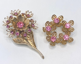 Vintage Brooch Set Pink Rhinestone Gold Tone Floral Spray Wreath Flower Pins