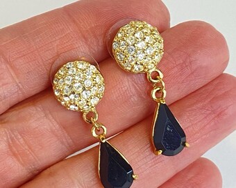 Orecchini romani vintage oro nero a goccia pendenti con pavé di strass, anni '80, per lobi forati