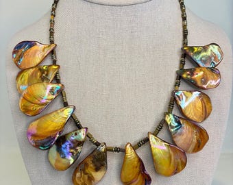 Vintage Mother of Pearl Necklace Shell Statement Artisan Iridescent Golden Bead
