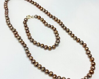 Set vintage di collana e bracciale con perle in argento sterling color marrone cioccolato di Ross Simmons