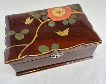 Vintage Japanese Lacquerware Trinket Box Floral Butterfly Divided Jewelry Case