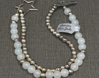 Vintage Genuine Blue Jade Bracelet Star Toggle Wish Silver Tone Beaded 7"