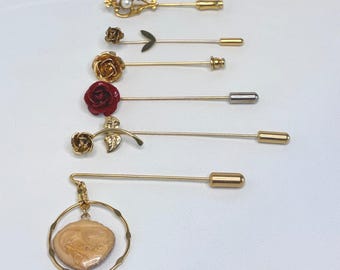 Vintage Stick Pin Lot Gold Tone Rose Leaf Floral Accessories 6 Piece Set