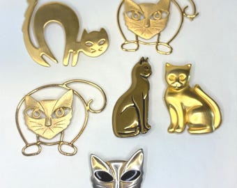 Vintage Estate Cat Brooch Lot Modernist Gold Tone Mixed Style Feline Pins 6pc