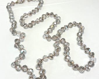 Vintage Smoky Gray Crystal Necklace Beaded Long Strand Magnetic Clasp 38"