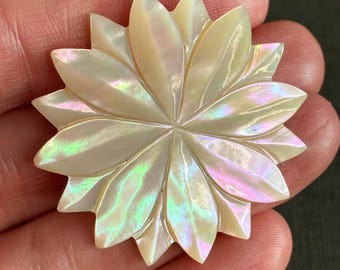 Vintage Mother Of Pearl Flower Brooch Carved Floral Iridescent Shell Pin 1.6"