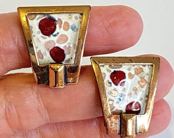Vintage Matisse Renoir Copper Enamel Earrings Modernist Terrazzo Clip On 1950s