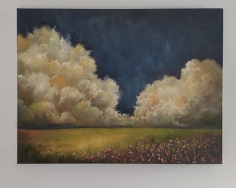 Landscape painting, stormy sky painting, original oil painting, cloud painting, jewel tone sky - Bejeweled Field