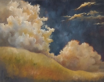 Landscape painting, stormy sky painting, original oil painting, cloud painting, jewel tone sky - Bejeweled Hills