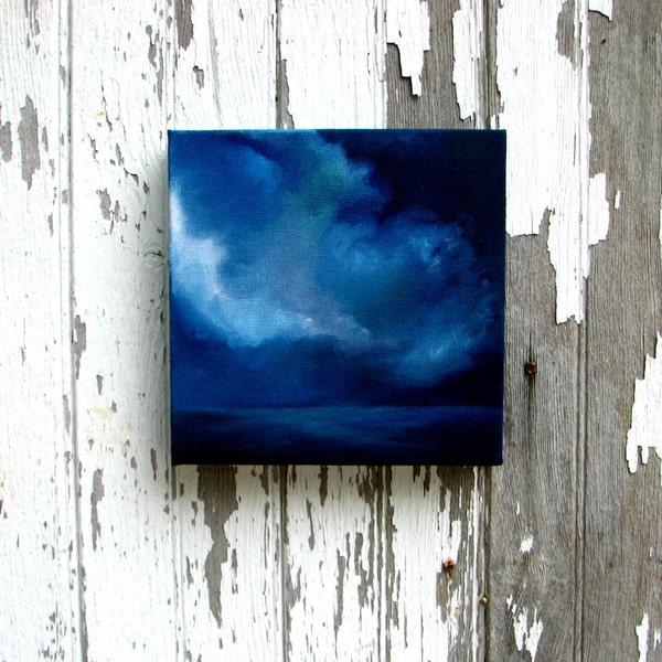 Original oil painting art thunderstorm seascape night clouds home decor painting 8x8 - Night Diver