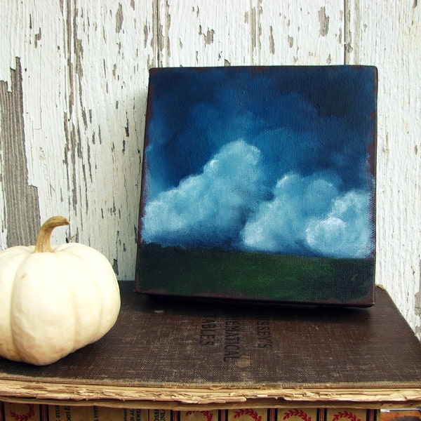 Original oil painting dark sky thunderstorm clouds landscape twilight  - Stormscape series fifteen