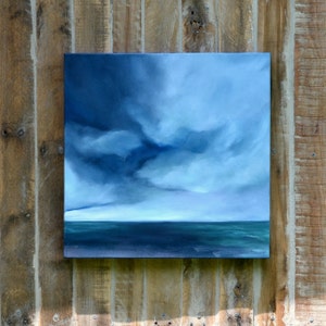 Oil painting on canvas, original painting, seascape painting, home decor, storm clouds, blue water- Poseidon&#39;s tempest