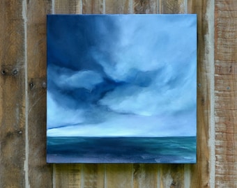 Oil painting on canvas, original painting, seascape painting, home decor, storm clouds, blue water- Poseidon's tempest