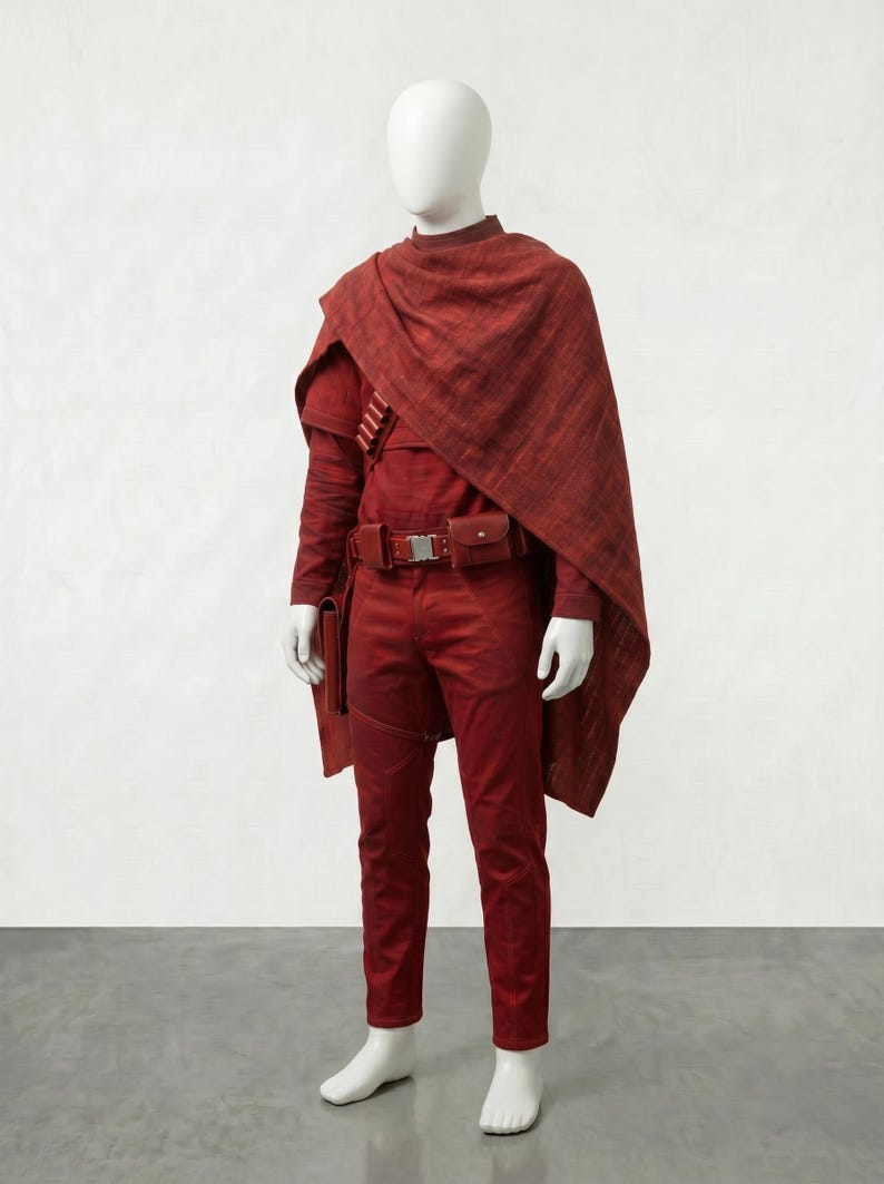 May include: A red costume on a mannequin. The outfit includes a long-sleeved shirt, pants, a cape, and a belt with pouches. The costume is a solid red color, with a textured appearance. The mannequin has a white head and hands.