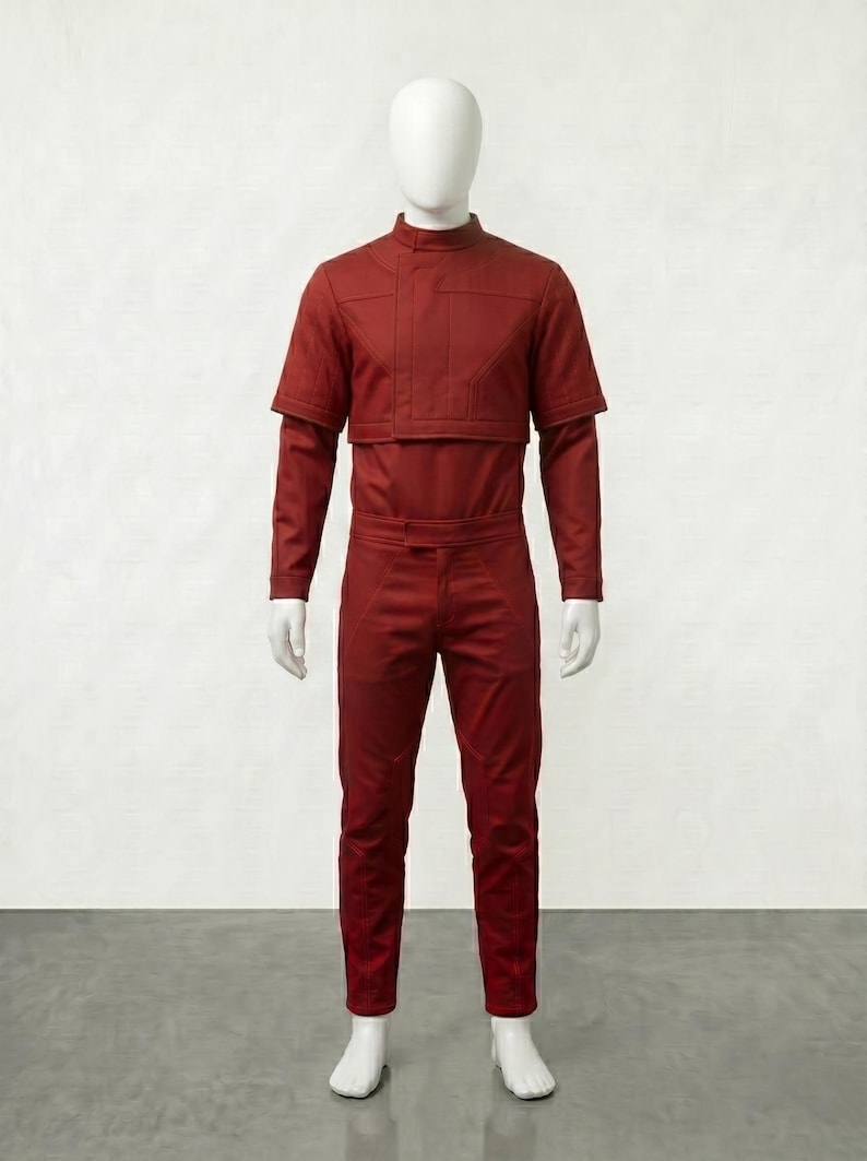 May include: A red jumpsuit displayed on a mannequin. The outfit features a high collar, long sleeves, and a cropped top layer. The pants are fitted, and the overall design has a futuristic aesthetic. The mannequin is white, and the background is plain.