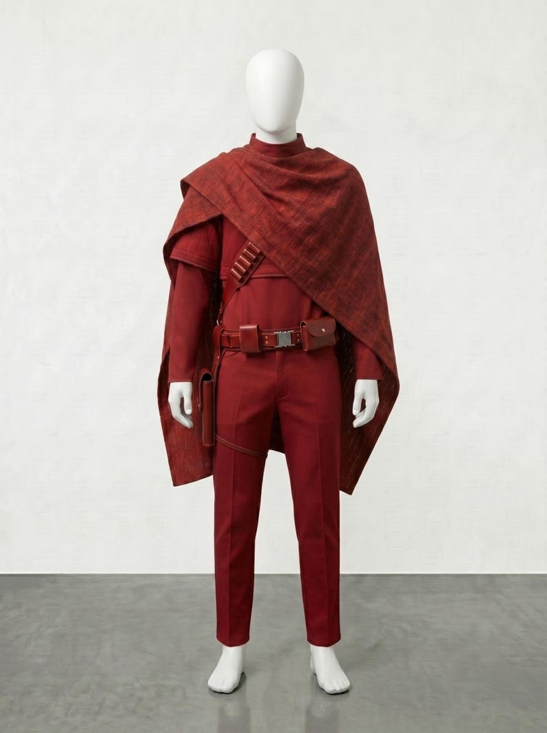 May include: A complete red costume displayed on a mannequin. The outfit includes a long-sleeved shirt, pants, a cape, and a belt with pouches. The costume is made of a textured fabric.