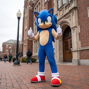 Puede incluir: Un disfraz de mascota de Sonic the Hedgehog de cuerpo completo con pelaje azul brillante, un parche beige en el pecho, guantes blancos y grandes zapatillas rojas y blancas con hebillas doradas. El personaje está de pie con ambos pulgares hacia arriba.