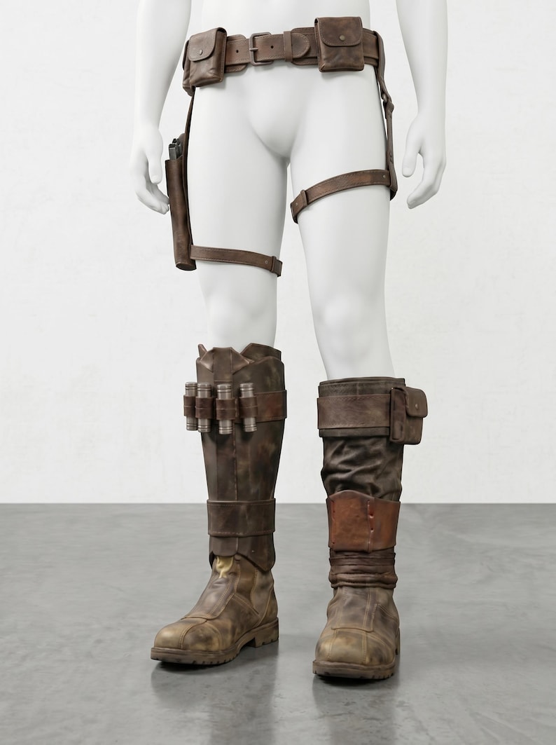 K&ouml;nnte beinhalten: Braunes Lederkost&uuml;m-Set auf einer Schaufensterpuppe. Das Set umfasst einen G&uuml;rtel mit Taschen, eine Halterung, Beingurte und abgenutzte Stiefel. Die Stiefel haben zus&auml;tzliche Taschen und Metallakzente. Das Gesamtbild ist robust und postapokalyptisch.