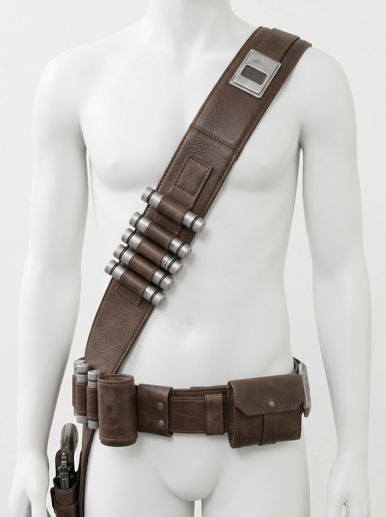 K&ouml;nnte beinhalten: Braunes Leder-Bandolier und G&uuml;rtel-Set mit silberfarbenen Akzenten. Das Bandolier hat einen breiten Riemen mit einer rechteckigen Silberplatte und mehreren silbernen Zylindern. Der G&uuml;rtel enth&auml;lt eine Tasche und ein Holster.