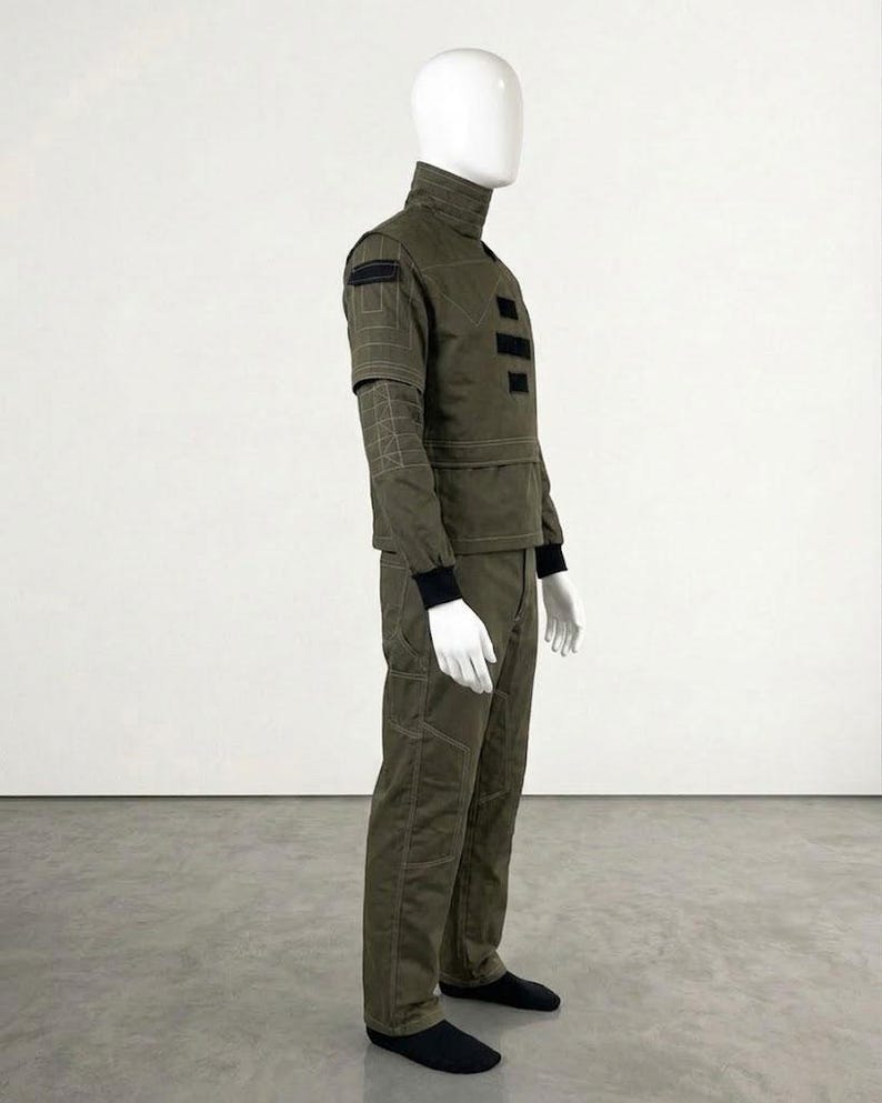 May include: An olive green jumpsuit with a high collar, black accents, and a structured design. The outfit features a long-sleeved top with patches and a matching pair of pants. The mannequin is wearing black socks.