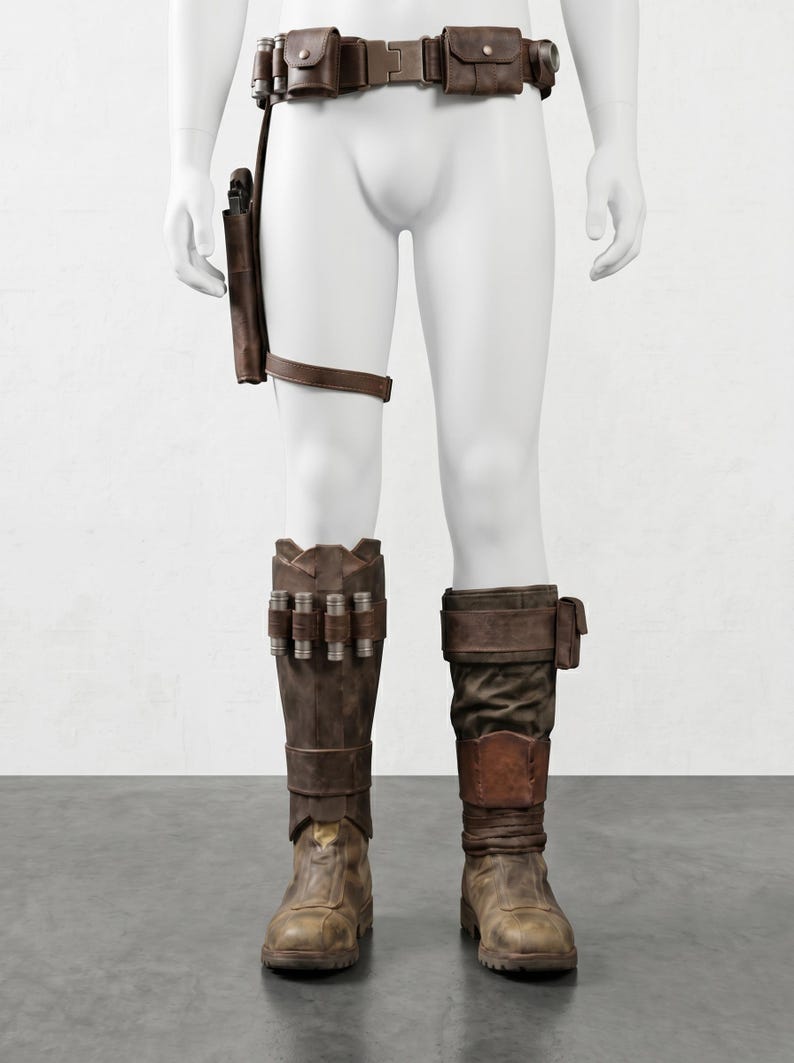 K&ouml;nnte beinhalten: Braunes Lederkost&uuml;m-Set mit G&uuml;rtel und Taschen, einer Halterung mit Riemen und kniehohen Stiefeln. Die Stiefel haben zus&auml;tzliche Taschen und Details. Das Kost&uuml;m wird auf einer Schaufensterpuppe pr&auml;sentiert.