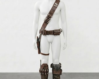 Conjunto de cinto de couro legítimo inspirado em Mandalorian para cosplay, coldre de caçador de recompensas, acessórios de armadura de perna de ficção científica para fantasia.
