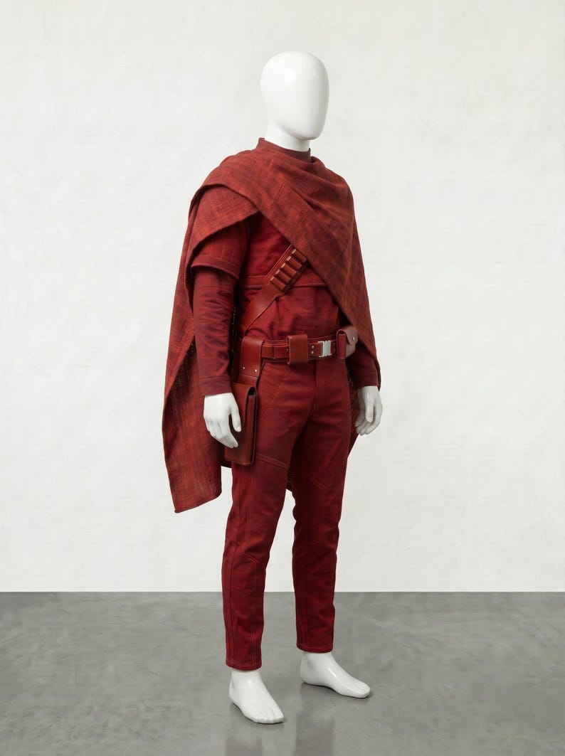 May include: A complete red costume on a mannequin. The outfit includes a long-sleeved shirt, pants, a cape, and a belt with a holster. The costume is made of a textured fabric and is displayed against a plain white background.