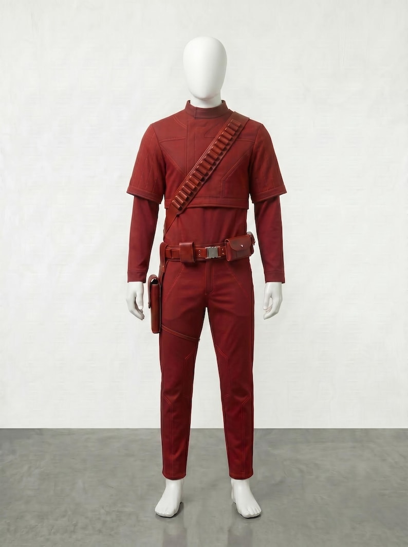 May include: A red costume displayed on a mannequin. The outfit includes a short-sleeved top over a long-sleeved shirt, pants, a belt with pouches, and a bandolier. The costume is a solid, deep red color.