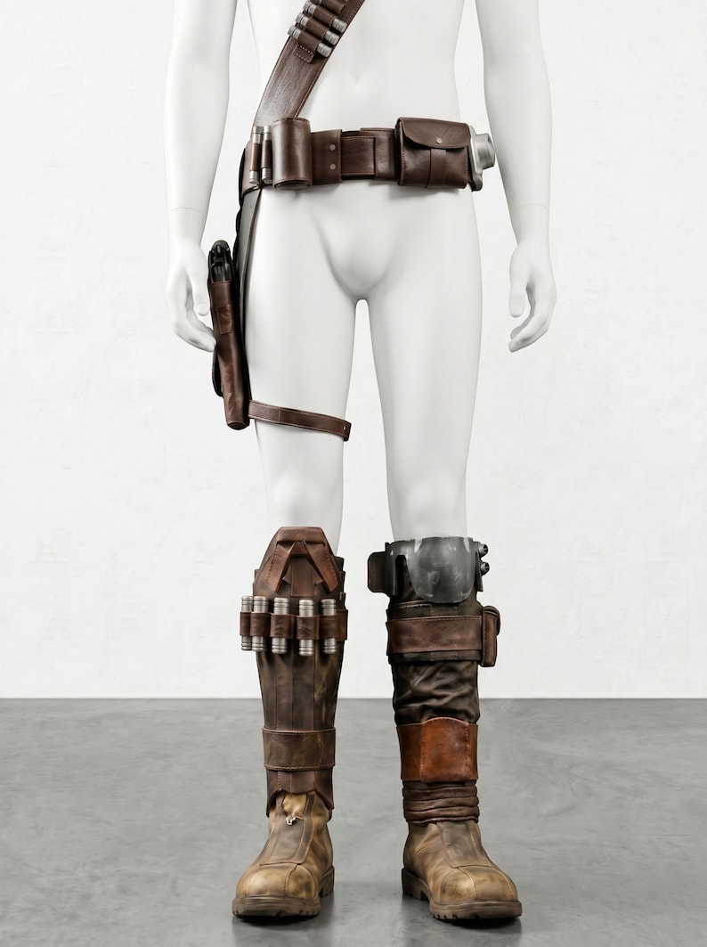 K&ouml;nnte beinhalten: Ein braunes Lederkost&uuml;m-Set, einschlie&szlig;lich eines G&uuml;rtels mit Taschen, einer Halterung und einer Beinr&uuml;stung. Die Stiefel sind braun und abgenutzt. Das Kost&uuml;m wird auf einer Schaufensterpuppe pr&auml;sentiert.