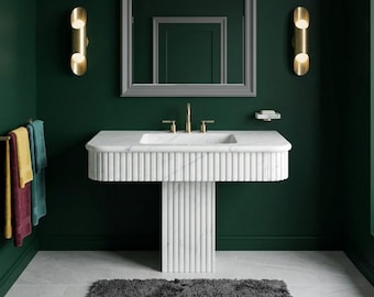 Calacatta New York marmeren gecanneleerde wastafel op sokkel | Ijdelheid met rieten kolom (60 x 40 cm)