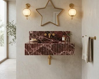 Ręcznie żłobiona umywalka pływająca z marmuru Rosso Levanto do łazienki – 65 x 45 x 18 cm, luksusowa umywalka ścienna z czerwonego marmuru, nowoczesna, ręcznie wykonana