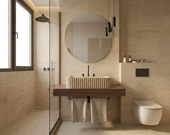Fluted Travertine Vessel Sink – Handmade Natural Stone Bathroom Basin