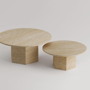 Travertine Coffee Table, Natural Stone Center, Minimalist Beige Furniture, Rectangular Sofa