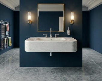 Marmara-weiße Marmor-Waschbecken, handgeschnitztes geriffeltes an der Wand befestigtes Waschbecken, Luxus-Badezimmer-Eitelkeit
