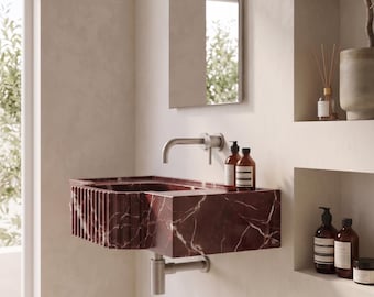 Bespoke Floating Rosso Levanto Basin: Hand-Carved Deep Red Marble with Fluted Details