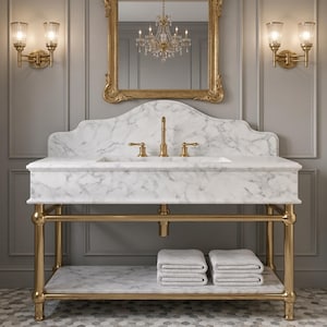 Calacatta White Marble Console Sink, Brass Stand, Luxury Vanity with Shelf