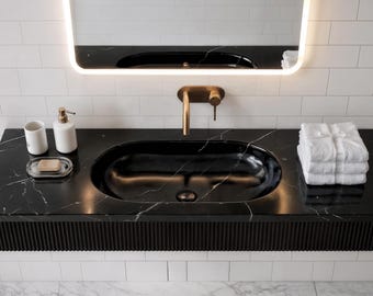 Lavabo Alexander de mármol negro, lavabo mural estriado, lavabo ovalado de piedra natural para baño.